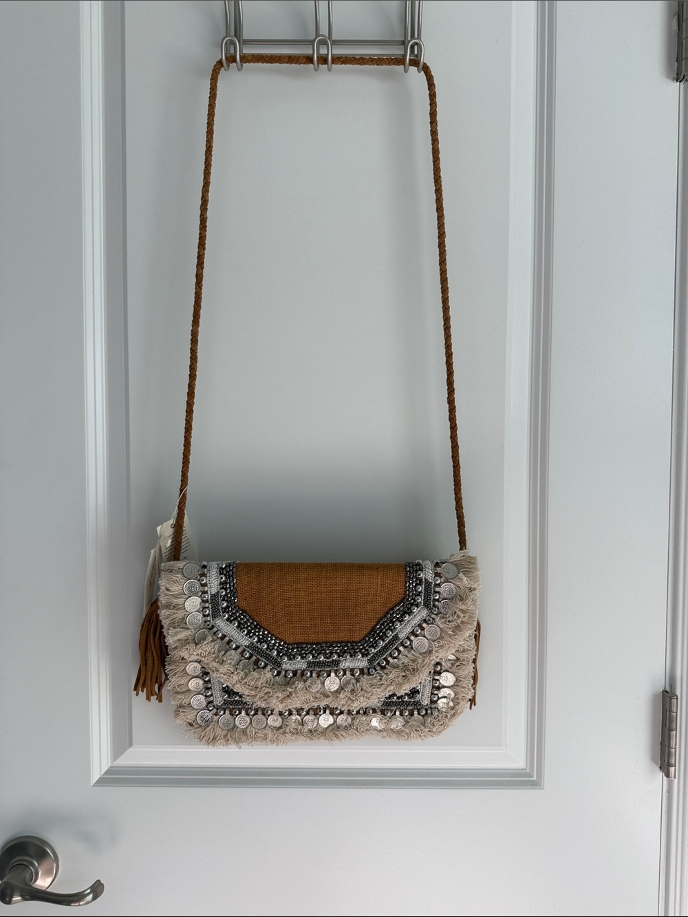 Antik Kraft Tan Boho Crossbody with Fringe and Coin Accents